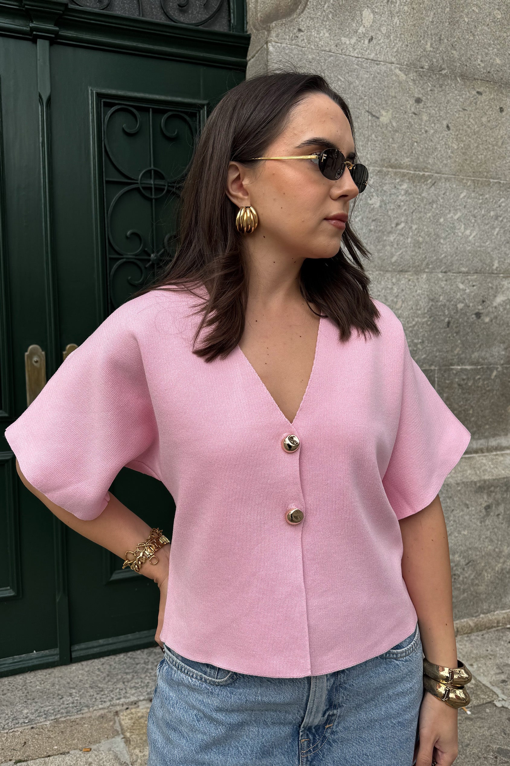 CAMISOLA DE MALHA COM BOTÕES ROSA PASTEL