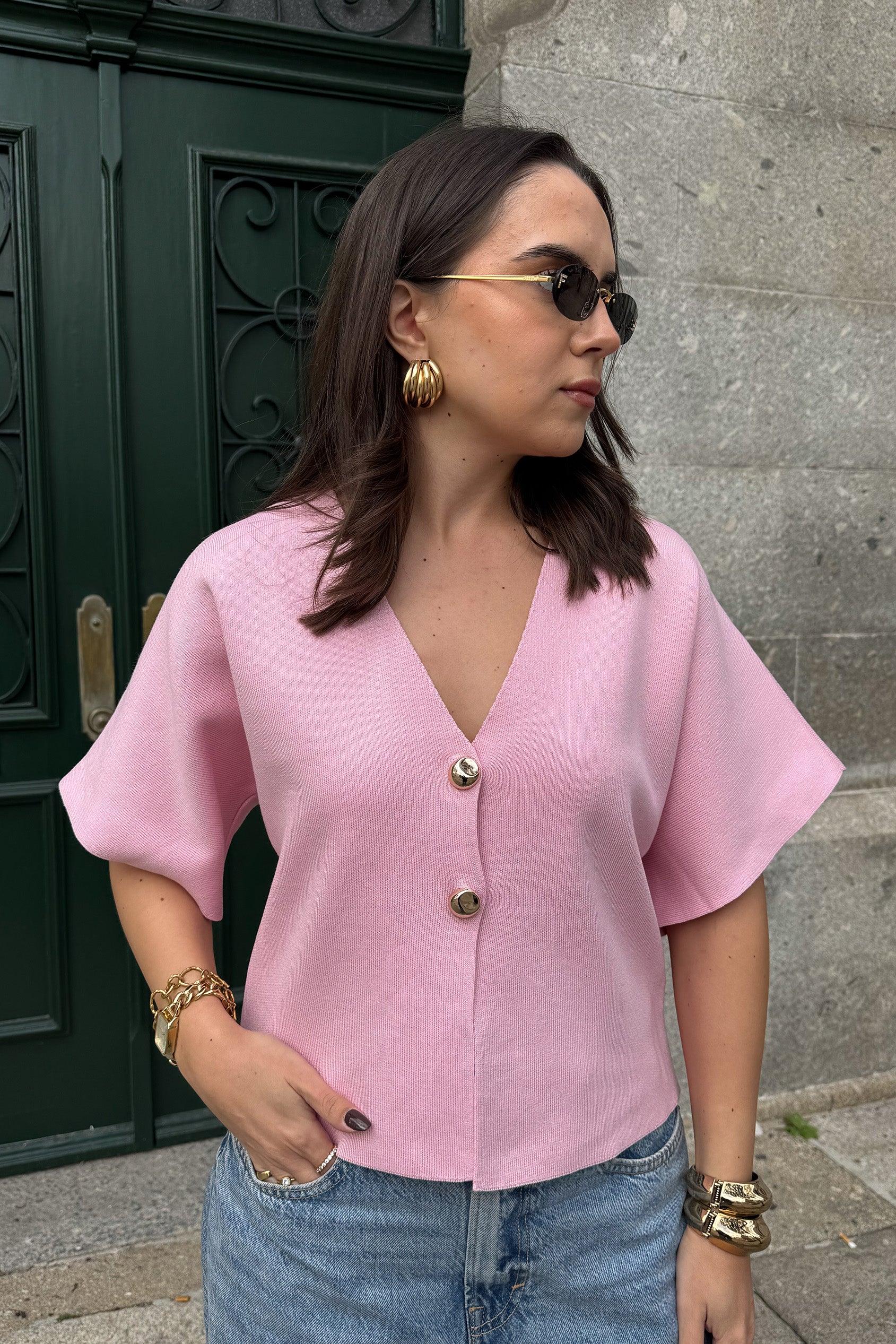 CAMISOLA DE MALHA COM BOTÕES ROSA PASTEL